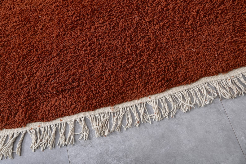 May include: A close-up of a rust-colored rug with a white fringe border. The rug is made of a soft, fluffy material.