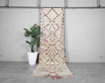 Vintage moroccan runner rug 3.3 x 10.2 ft – Handmade Berber runner rug – Neutral geometric wool rug – Bohemian hallway runner