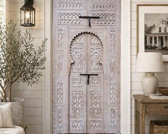 Custom Moroccan Carved Solid Wood Door – Berber Geometric Whitewash Design - Custom moroccan door with carvings - custom wood - wood door