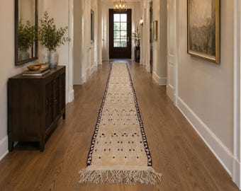 Beige Moroccan runner rug 2.5x23.1 ft - Handmade wool Berber carpet with tribal border details - Long hallway rug