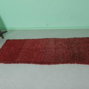 May include: A red shag rug with a long rectangular shape. The rug is on a light-colored floor.