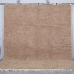 May include: A large, light brown, shag rug with a white fringe border. The rug is hanging on a wall with a white background.