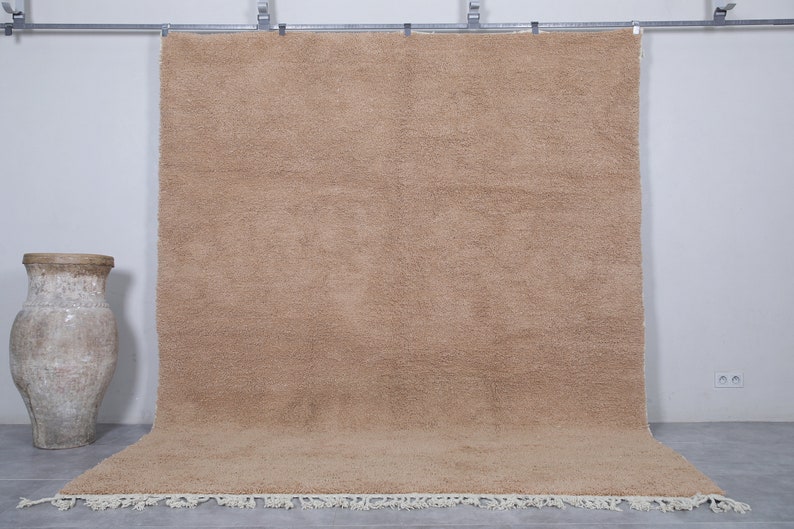May include: A large, light brown, shag rug with a white fringe border. The rug is hanging on a wall with a white background.
