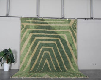Tappeto marocchino verde 8x10,2 piedi - Tappeto berbero in lana verde fatto a mano - Tappeto marocchino geometrico a strisce verdi - Tappeto boho moderno