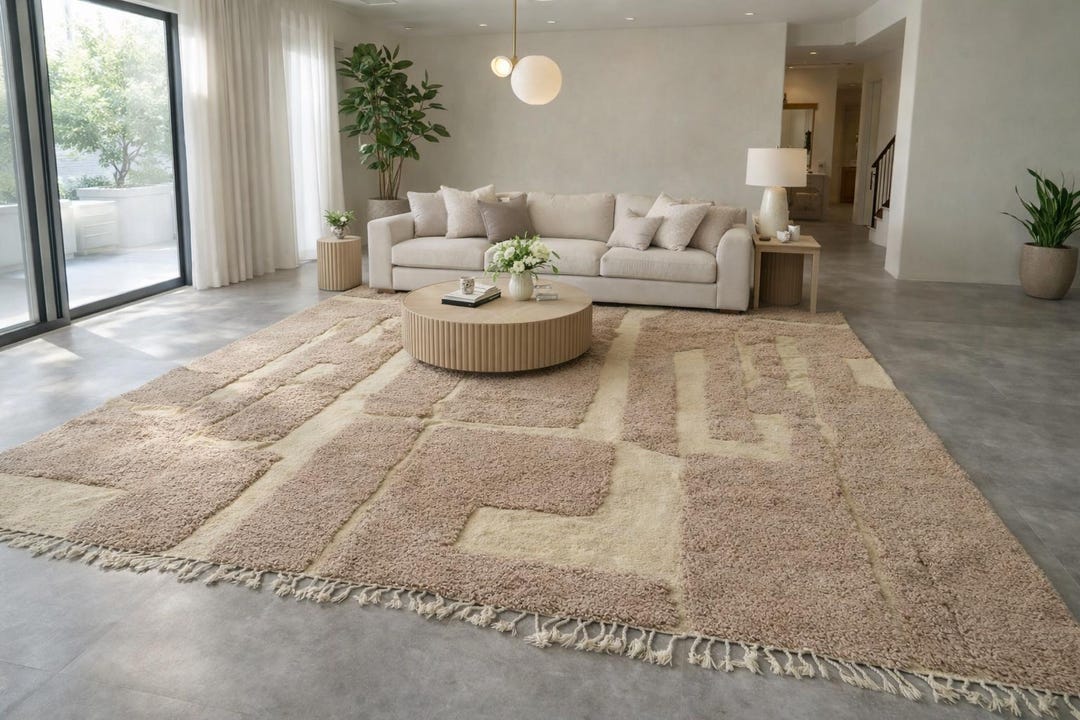 Beige Geometric Moroccan Rug - Beni Ourain Rug Wool - Custom Size Rug ...