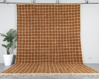 Personalized Moroccan rug Grid - High-Pile rug - Beni ourain rug - rust brown rug - Moroccan area rug - Minimalist rug - Wool area rug