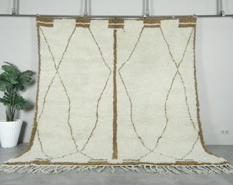 Authentic beni ourain rug - Custom size moroccan rug - Berber carpet in Ivory with Camel Brown geometric lines - Minimalist rug - Wool rug