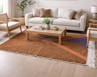 Modern brown moroccan rug 4.5 x 6.3 feet - Geometric brown wool rug - Contemporary handmade checkered area rug - Boho interior floor rug
