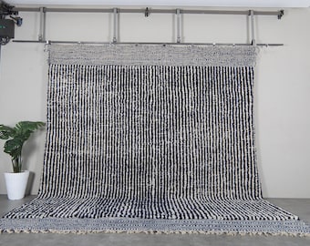 Navy blue moroccan rug – striped rug beni ourain rug - Handmade berber wool carpet  – Minimalist moroccan area rug – Custom size wool rug