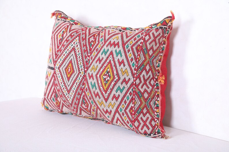 May include: A rectangular pillow with a red, white, green, and yellow geometric pattern. The pillow is made of a woven fabric and has a fringe border.