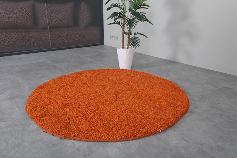May include: A round, orange shag rug on a gray floor.