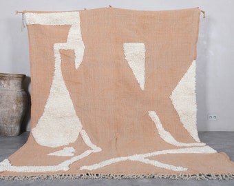 Alfombra marroquí abstracta de lana hecha a mano - Alfombra bereber beige y marfil - Diseño minimalista moderno - Decoración única para el salón