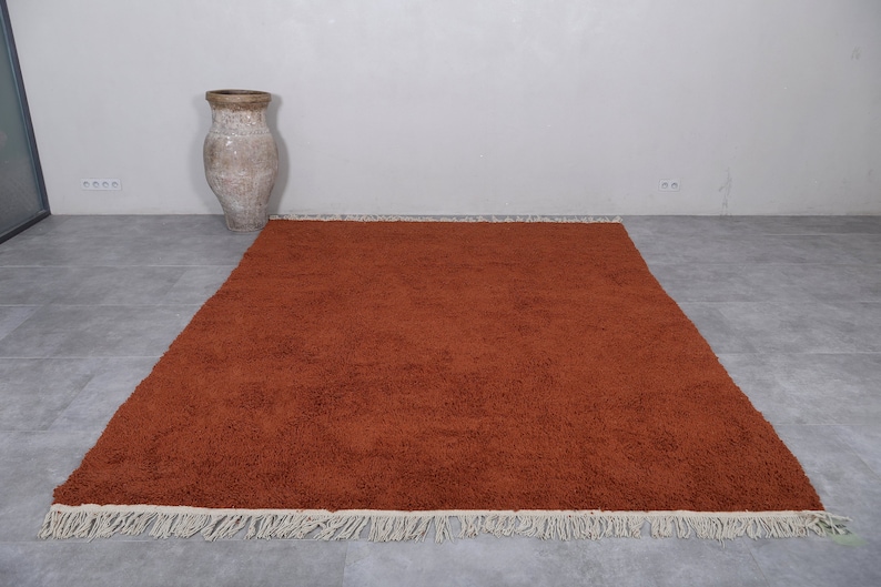 May include: A rust-colored shag rug with a white fringe border. The rug is laid out on a gray tiled floor.