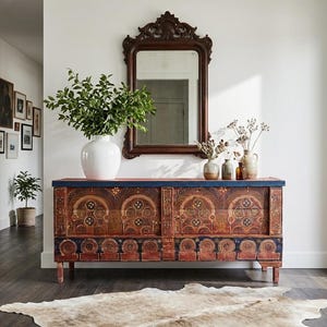 May include: A detailed wooden chest with ornate carvings and a distressed finish. A white vase with greenery sits on top, with a dark brown framed mirror above. The scene is completed with a rug and other decorative items.