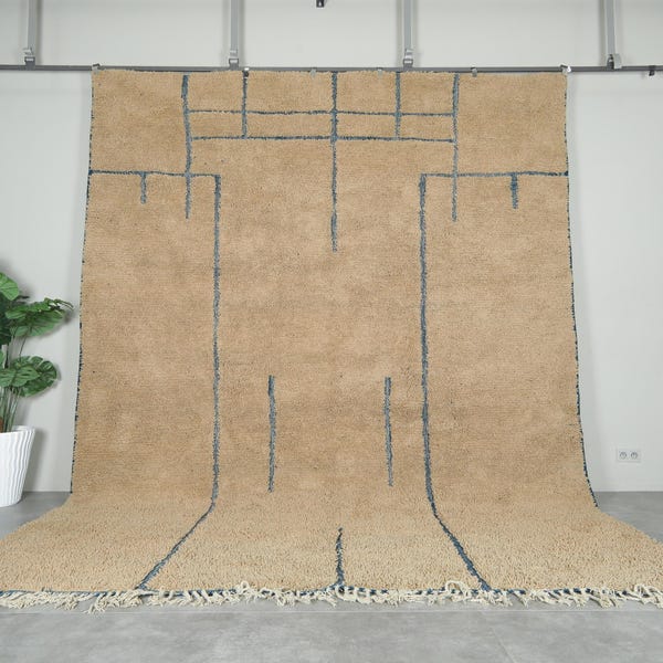 Minimalist moroccan rug – Handmade beige & blue abstract design –Handmade berber rug - Custom size rug - Wool area rug