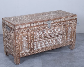 Wooden chest Vintage Style - Berber Moroccan Trunk - Moroccan box H 27.9 x W 51.5 x D 14.5 INCHES African Rustic trunk - Moroccan chest