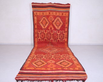 Long moroccan runner rug 5.1 ft x 14.5 ft – Long vintage Berber runner – Handmade tribal corridor rug – Red and orange geometric wool runner