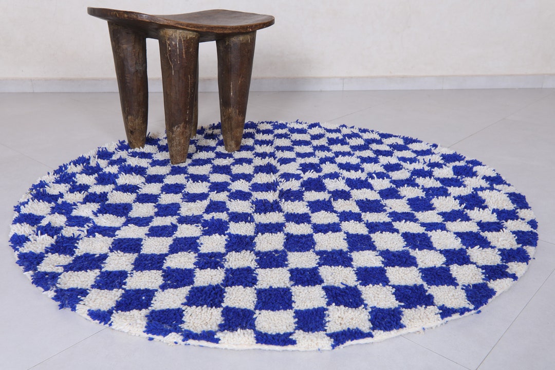 Moroccan Round Rug Blue Checkered Rug Blue Round Rug Etsy