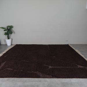 May include: A large, rectangular brown rug with a shaggy texture. The rug has a cream-colored fringe along the edges and is placed on a concrete floor. A potted plant is visible in the background.