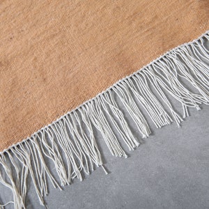 May include: A brown woven rug with white fringe along the edge.