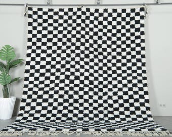 Checkered moroccan area rug - Black and White wool rug - Modern checkerboard rug - Soft handmade custom size area rug