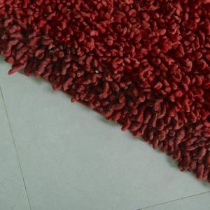 May include: Close-up of a red shaggy bath mat with a textured surface.