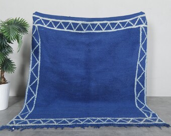 Blue Beni ourain rug 4.9 x 5.2 ft - Blue handmade moroccan rug with geometric border - Small boho area berber rug - all wool rug