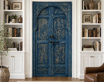 Blue Moroccan Front Door | Hand Carved Cedar Wood Entry Door – Moroccan Blue Entry Door | Carved Cedar Wood Front Door – Moroccan door