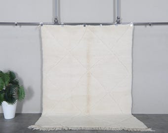 Cream Moroccan shag rug 5.3x7.2 ft - Handmade wool Berber carpet with subtle diamond details - Plush area rug