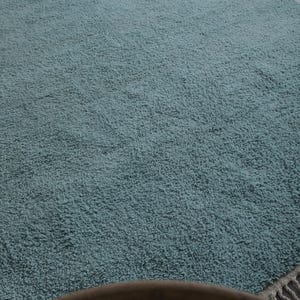 May include: A soft, light blue rug with a fringe border. The rug is made of a fluffy, textured material.