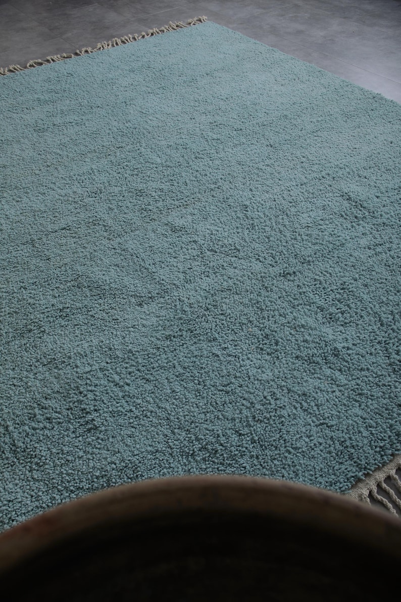 May include: A soft, light blue rug with a fringe border. The rug is made of a fluffy, textured material.