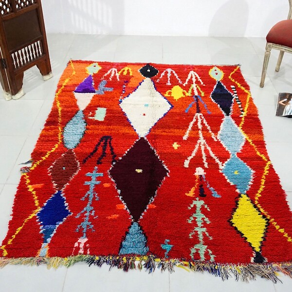 Boucherouite 4.7ft x 6.5ft Vintage Tribal Azilal Rug Azilal Boucherouite Moroccan Boucherouite Rug Bohemian Teppich Berber Tapis Moroccan