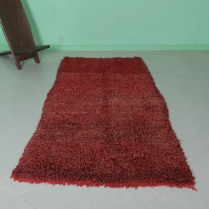 May include: A red shag rug with a long, rectangular shape. The rug has a soft, fluffy texture and is perfect for adding a touch of warmth and comfort to any room.