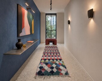 Moroccan runner rug 2.8 x 8.2 ft – Handmade Berber diamond rug – Multicolor geometric wool runner – Bohemian hallway runner