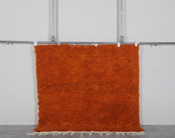 Burnt orange Moroccan shag rug 5.4x5.3 ft - Handmade wool Berber carpet with minimalist texture - Plush square area rug