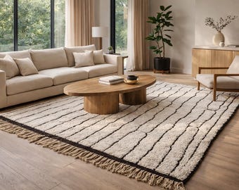 Abstract White Moroccan rug - Beni ourain rug  - Custom size rug - Handmade rug - modern berber  rug - Free shipping - Black line wool rug