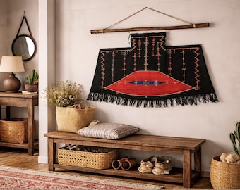 Black Moroccan Wall Hanging – Boho Berber Textile Wall Decor - Black hooded hand, antique costume, moroccan cape, vintage clothing