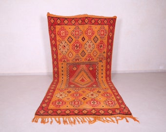Handmade vintage moroccan runner rug 5x12 feet - Boho tribal wool hallway Berber rug - Red orange geometric rug -  Long vintage berber rug
