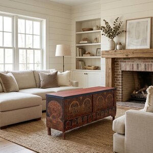 May include: A living room featuring a beige sectional sofa, a decorative wooden chest, and a fireplace. The chest has a red top and ornate carvings. The fireplace has a brick surround and a wooden mantel. Large windows provide natural light.