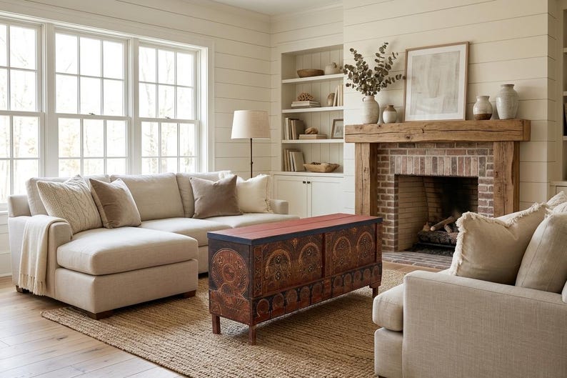 May include: A living room featuring a beige sectional sofa, a decorative wooden chest, and a fireplace. The chest has a red top and ornate carvings. The fireplace has a brick surround and a wooden mantel. Large windows provide natural light.