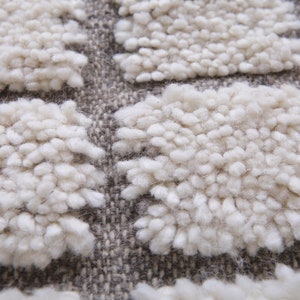 May include: Close-up of a white, fluffy rug with a textured, woven pattern. The rug has a raised, tufted design, creating a soft and inviting look.