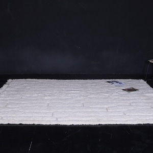 May include: White shag rug with a textured brick pattern. The rug has a fringe border and is laid out on a black floor.