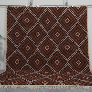Marockansk matta Brun och beige geometrisk design - Handgjord matta - Beni Ourain-matta - Matta i specialstorlek - Vintage Berber-matta med diamantmönster