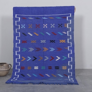 Blue moroccan kilim rug 3.2 x 4.7 feet – Handmade blue wool flatweave – Small Berber kilim rug – Tribal blue entryway rug – Boho area rug