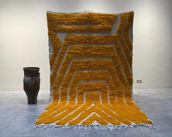 Handmade moroccan beni ourain rug with vibrant mustard yellow geometric design - Handmade berber rug - Moroccan area rug - Wool rug