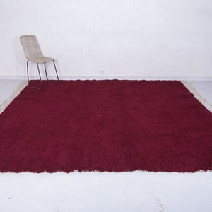 May include: A deep burgundy shag rug with a fringe border. The rug is laid out on a white floor.