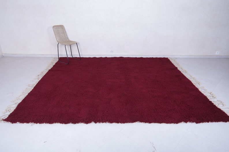 May include: A deep burgundy shag rug with a fringe border. The rug is laid out on a white floor.