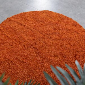 May include: A round, orange-colored rug with a fluffy texture. The rug is made of a soft, plush material and has a subtle, circular pattern.