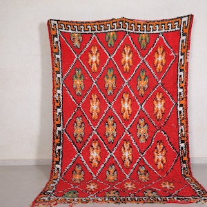 Vintage moroccan rug 5.2x8.6 feet – Bold red Berber wool rug – Handmade tribal rug with colorful diamonds – Eclectic red boho statement rug
