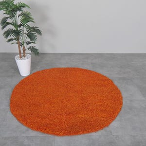 May include: A round, orange shag rug on a gray tiled floor.